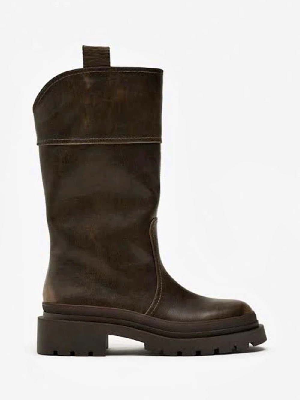 Zara Lug Sole Mid Calf Moto Boots Brown
